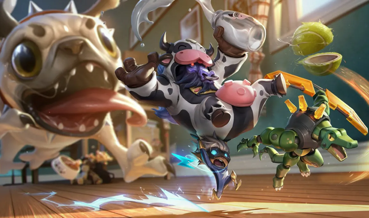 Super Kennen in a blue superhero outfit below cow-costumed Alistar, with Pug'Maw on the left of the shared toy-room scene