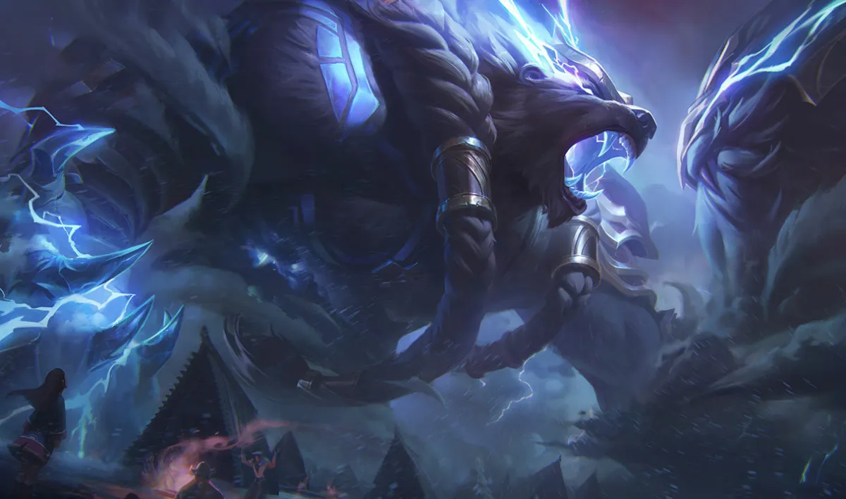 Thunder Lord Volibear as a heavily armored gray bear with braided fur and blue lightning towering above small figures