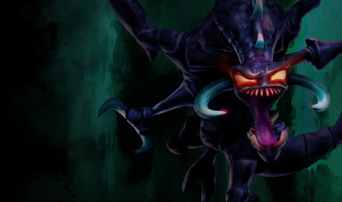 Nightmare Cho'Gath as a blue-purple insect-like monster with orange eyes, pale curved tusks, and a long purple tongue