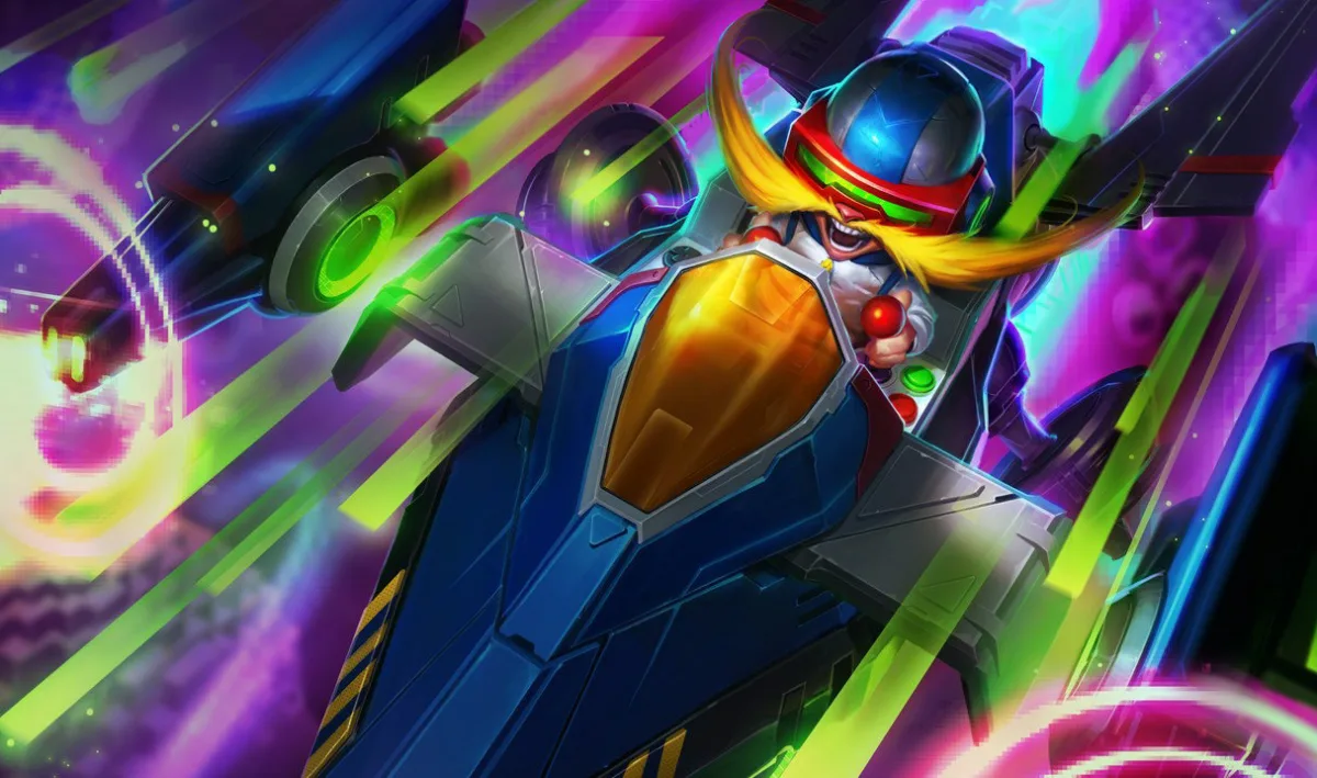 Arcade Corki with a yellow mustache and red visor piloting a blue arcade-style fighter with a joystick