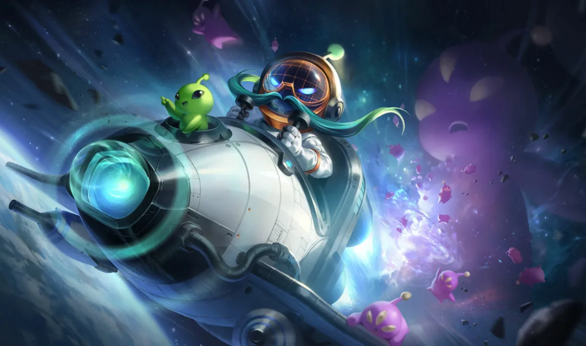 Astronaut Corki wearing a round digital-faced helmet and teal mustache in a white spacecraft with a small green alien