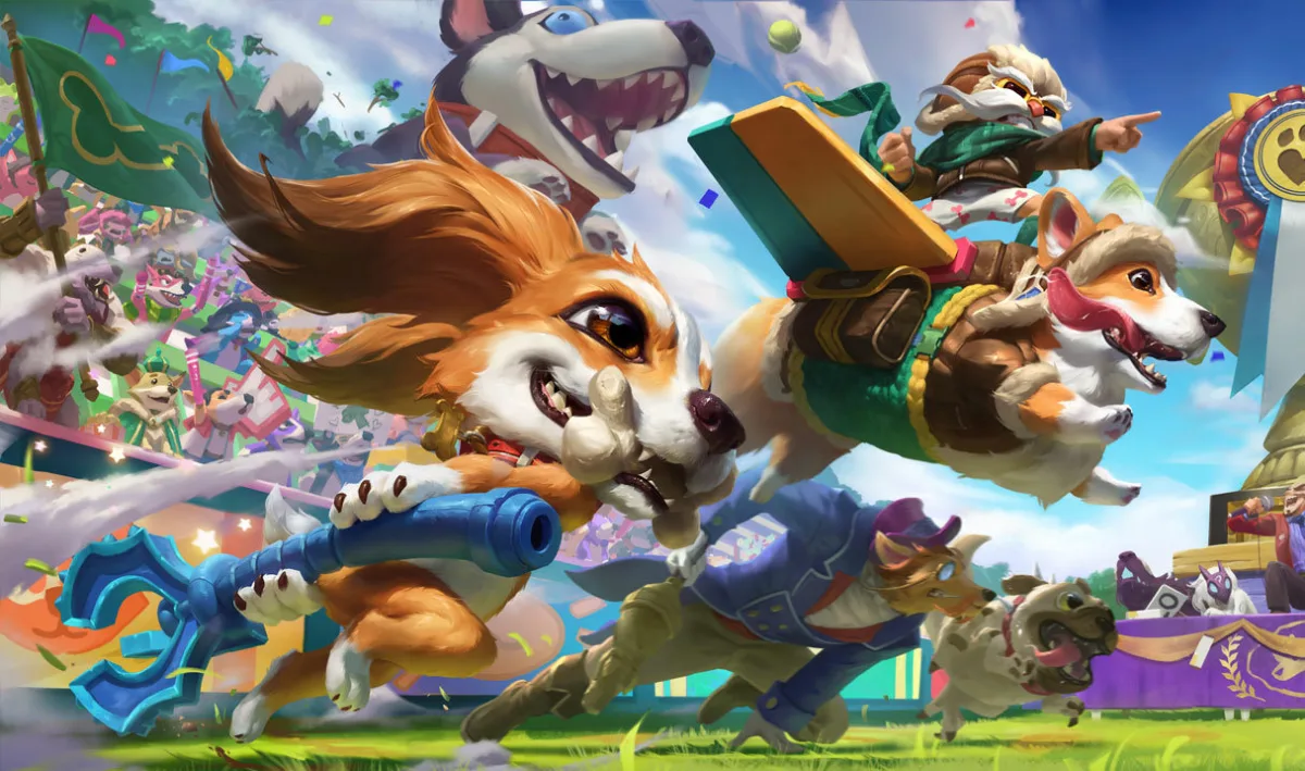 Corgi Corki on the right riding a corgi with improvised wings through a dog parade, beside Fizz in the foreground