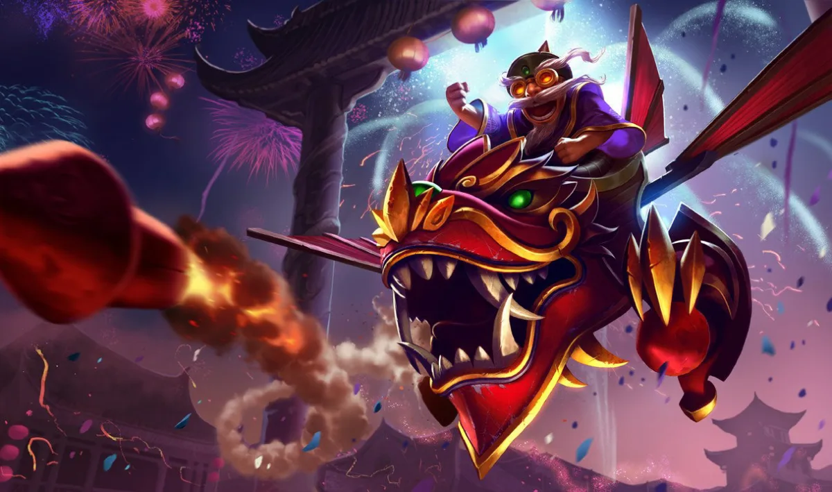 Dragonwing Corki piloting a red and gold dragon-faced aircraft beneath lanterns and fireworks