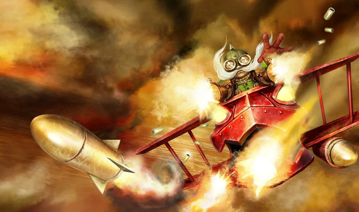 Red Baron Corki wearing flying goggles in a red vintage aircraft with stacked wings and rockets