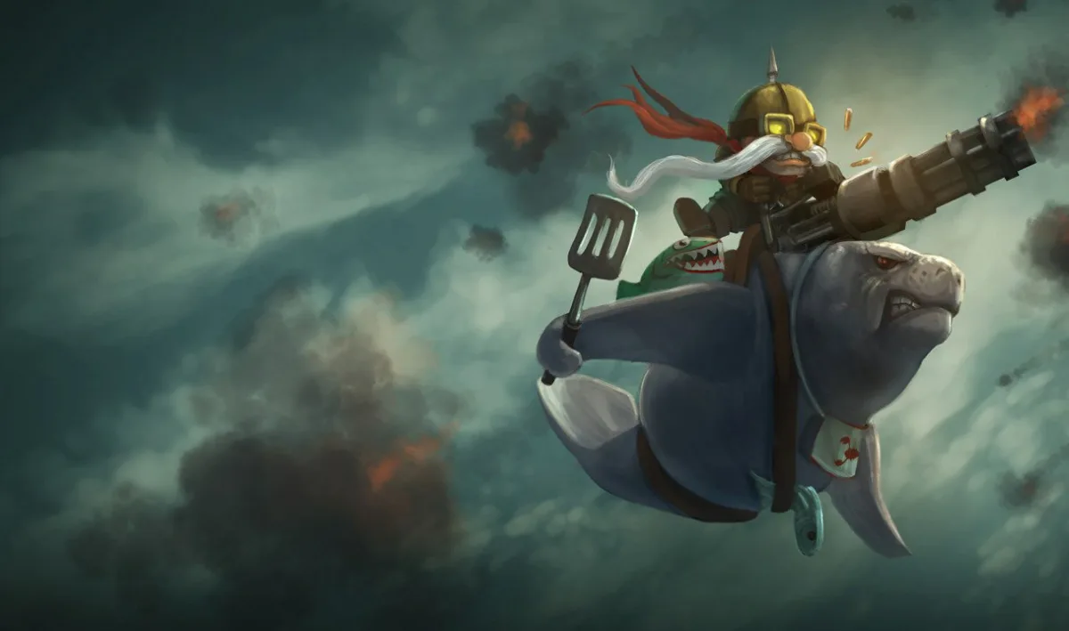 Urfrider Corki riding a gray manatee that holds a spatula, with a large gun mounted in front of the pilot