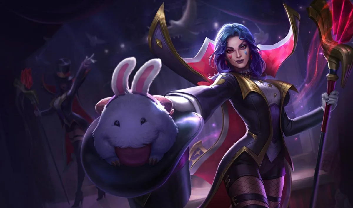 Prestigious LeBlanc holds a top hat containing a rabbit-eared creature beside her glowing pink staff.