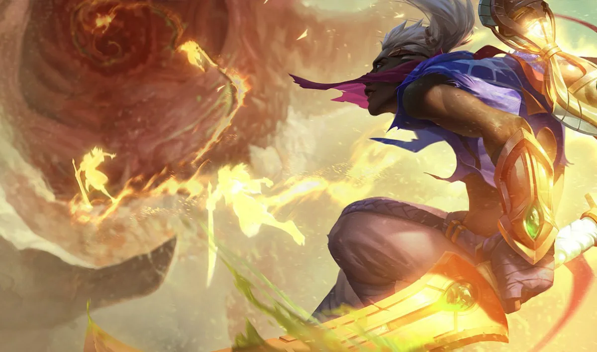 Sandstorm Ekko vaulting through golden desert ruins with a curved weapon