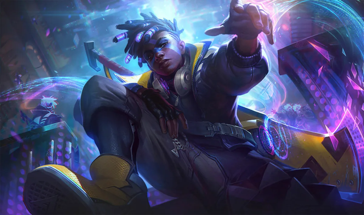 True Damage Ekko reaching through a blue-purple time portal in streetwear