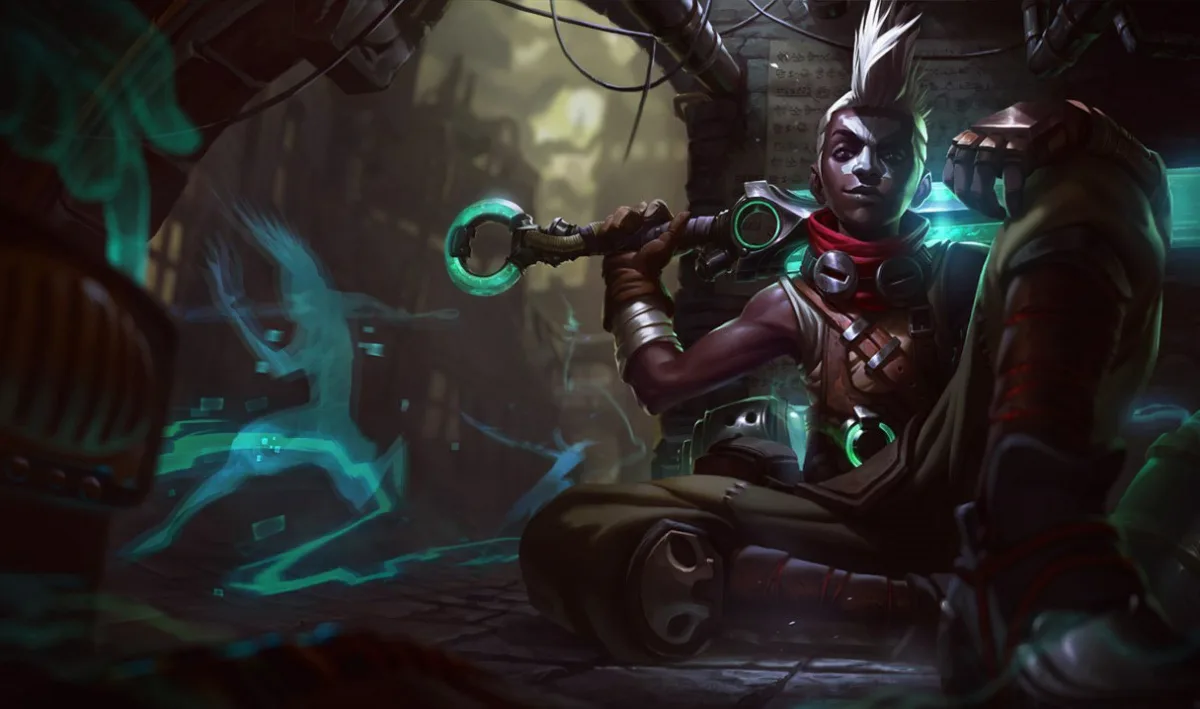 Base Ekko sitting beside his Z-Drive in a Zaun workshop