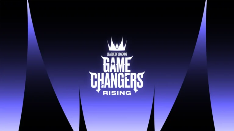 White League of Legends Game Changers Rising lettering appears over black and purple crown-like shapes.