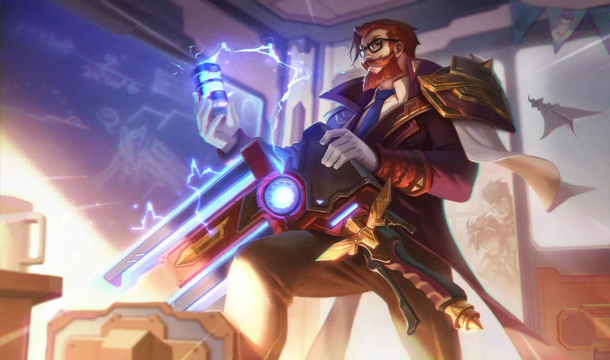 Battle Professor Graves with red hair, glasses and a maroon coat holding a blue energy gun near paper airplanes