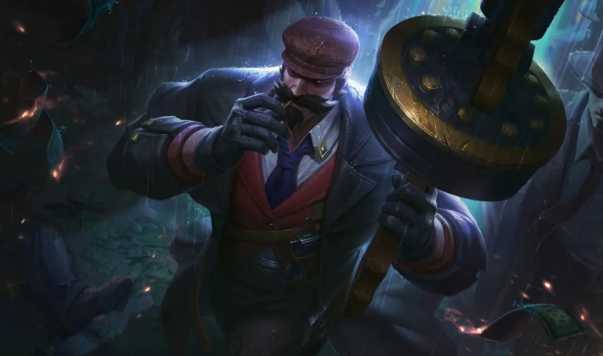 Crime City Graves in a dark coat, red vest and flat cap holding a drum-fed gun in a rainy street