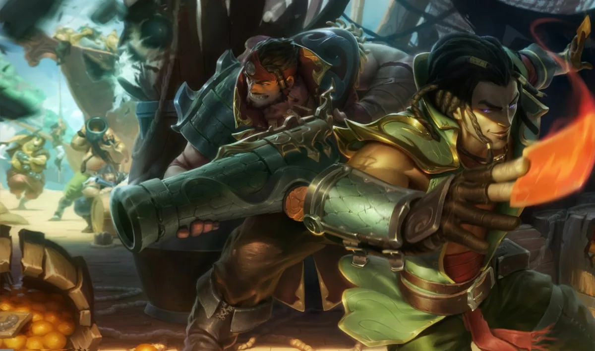 Cutthroat Graves at the left with a broad-muzzled gun while Twisted Fate holds a glowing card in the right foreground