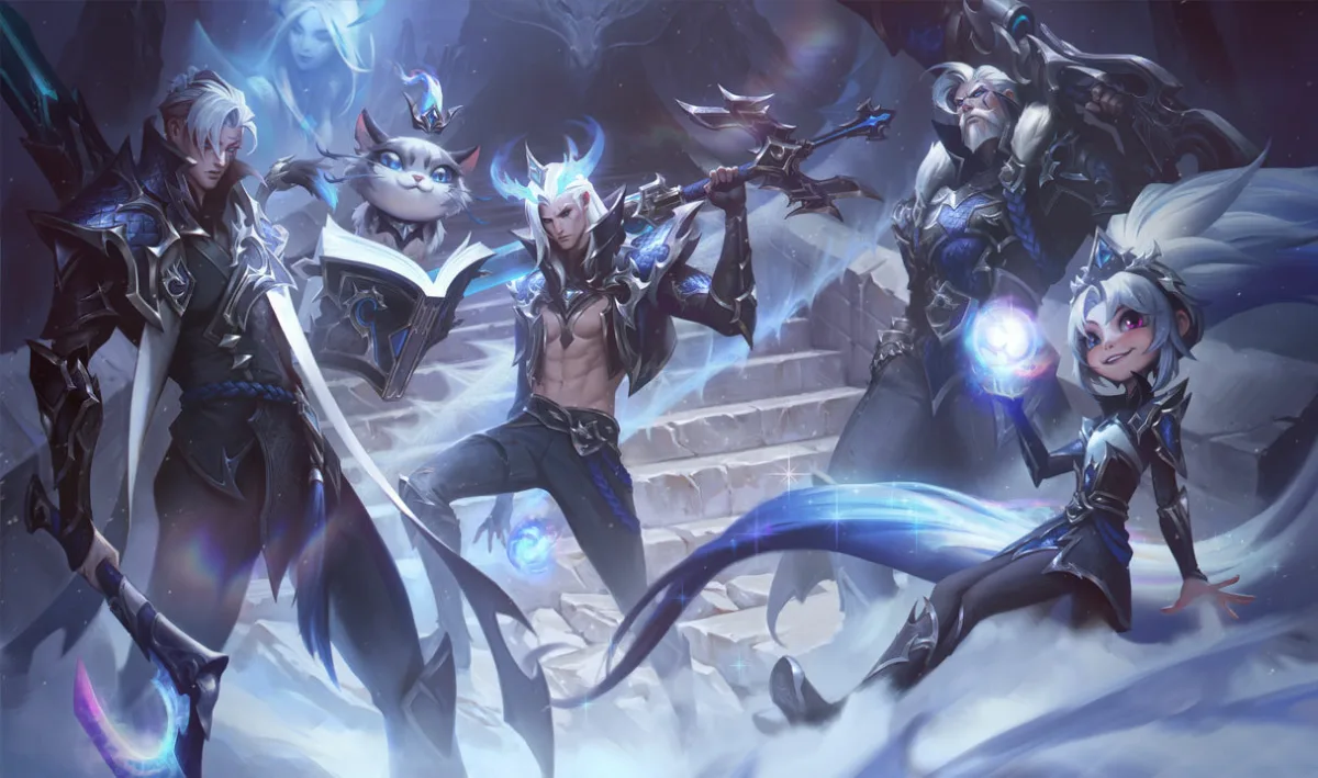 EDG Graves at the back right with white hair and a gun over his shoulder alongside the other EDG champions