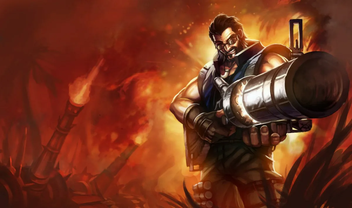 Hired Gun Graves in goggles and a sleeveless military vest carrying a large silver gun beside industrial flames