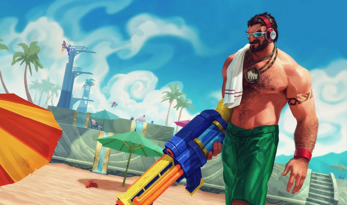 Pool Party Graves in green shorts and white sunglasses holding a blue-and-yellow water gun beside a swimming pool