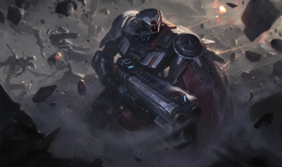 Praetorian Graves as a dark metal robot with red lights and a large mechanical cannon