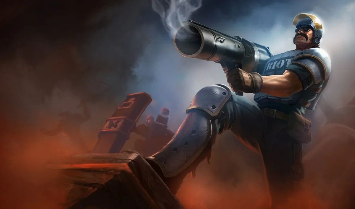 Riot Graves wearing a helmet, sunglasses and a black tactical vest while aiming a heavy gun