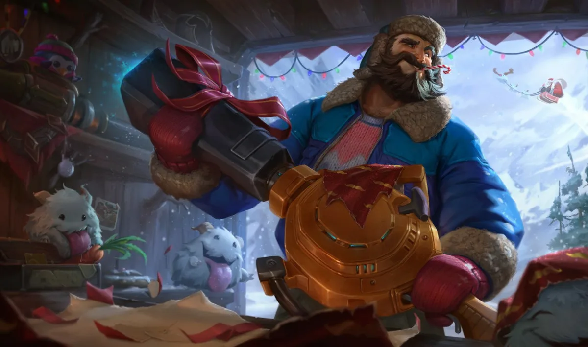 Snow Day Graves in a blue winter coat and red mittens carrying an orange snowblower gun in a wooden shop