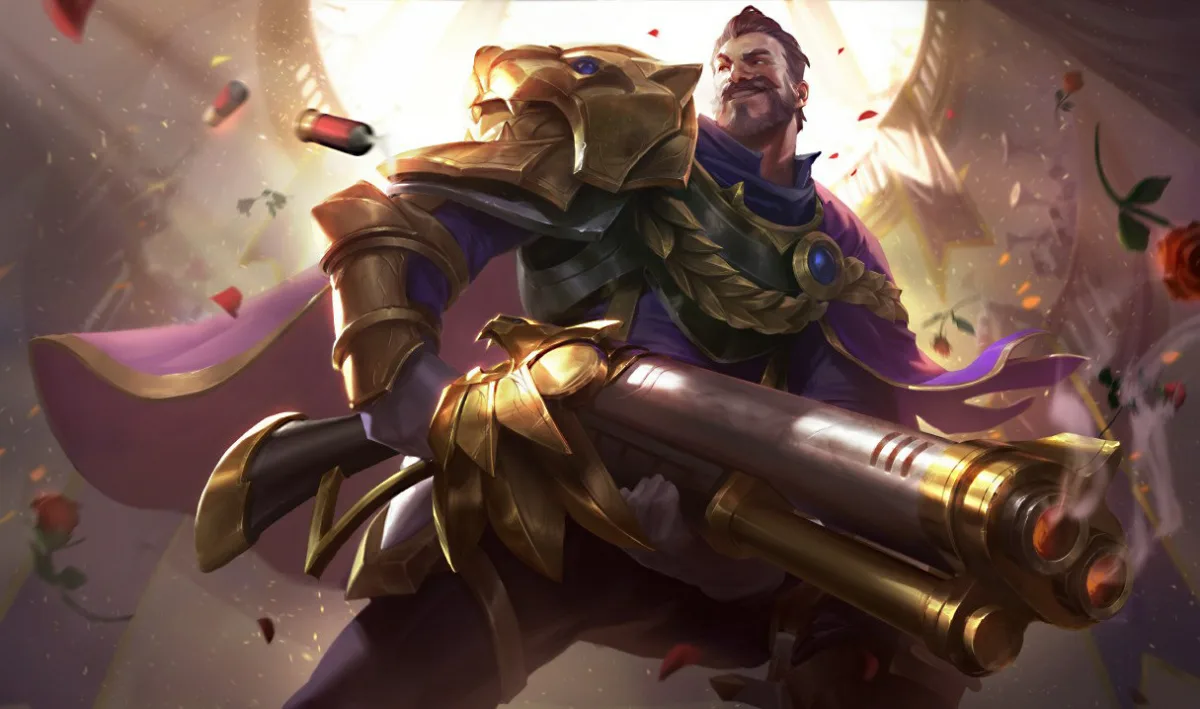 Victorious Graves in gold lion-shaped armor and a purple cape holding a gold-trimmed double-barreled gun