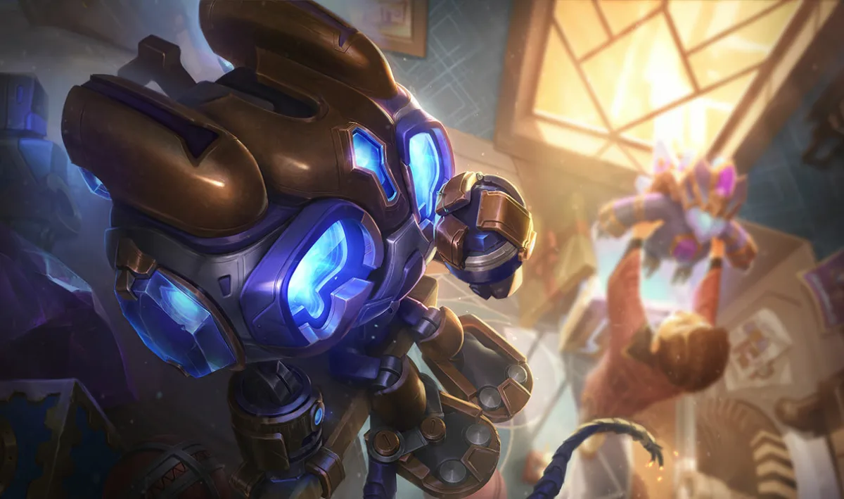 Small mechanical Hextech Amumu leans into the foreground with glowing blue eyes and rounded metal hands.