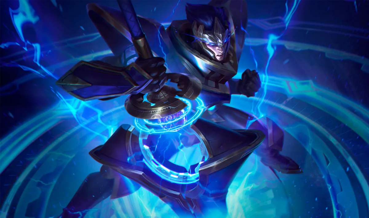 Hextech Jarvan IV thrusts a large crystal lance forward while blue energy circles his dark armor.