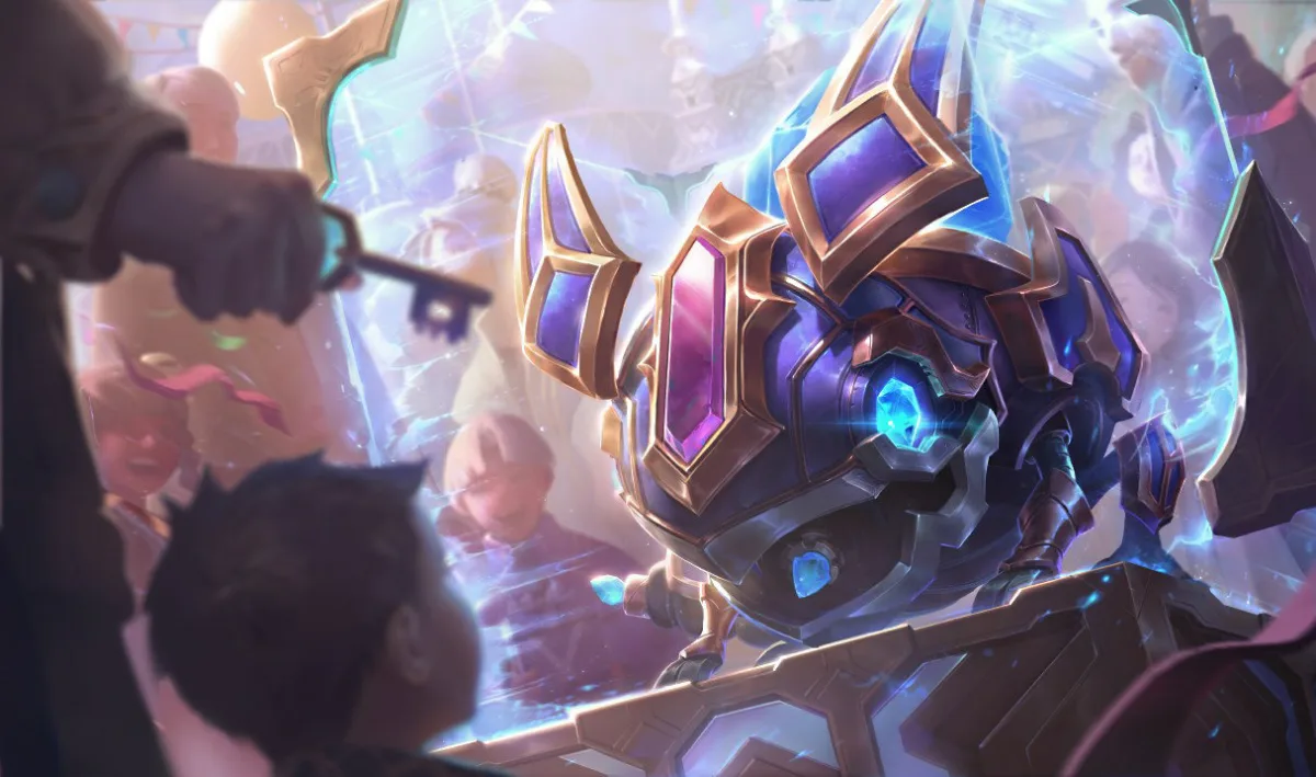 Hextech Kog'Maw has a metal body, blue crystal eyes and gold-edged purple panels as children watch him.