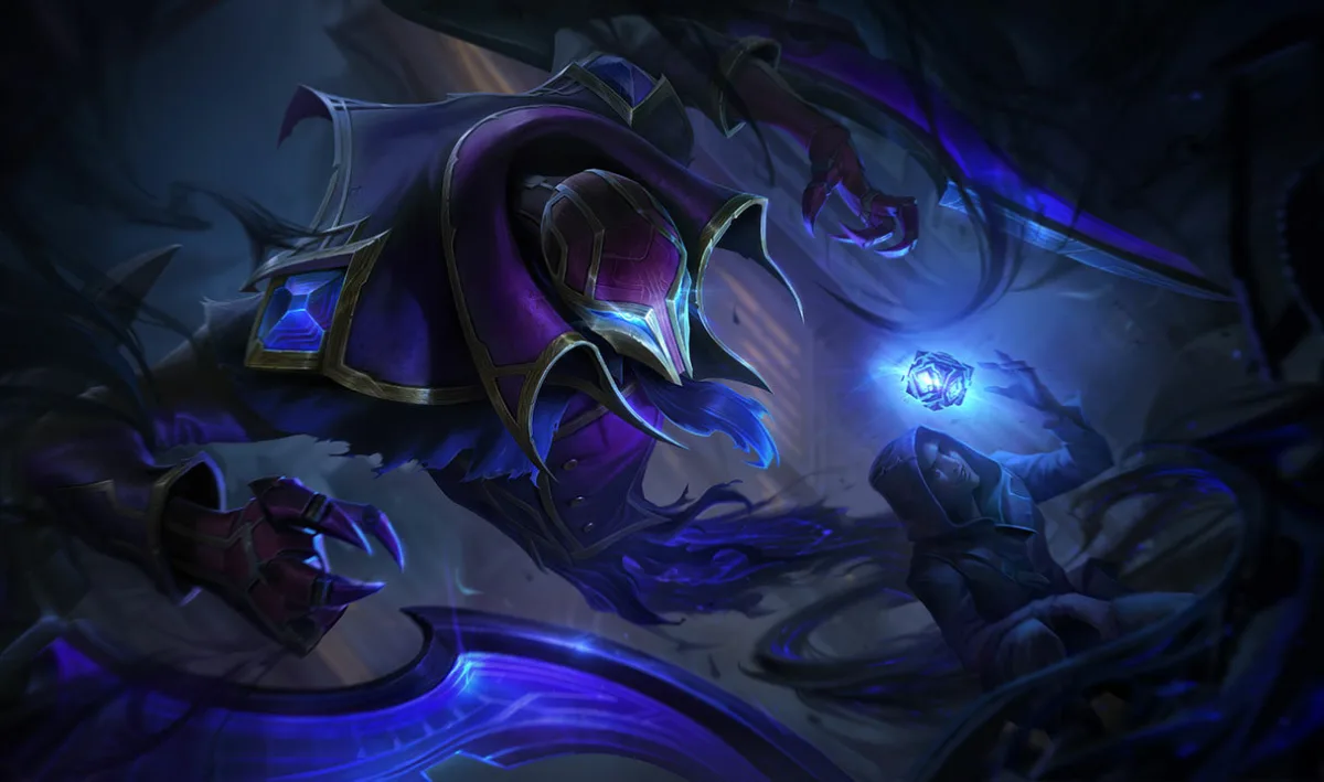 Hextech Nocturne has a purple metal cowl and glowing blue blades as he looms over a figure holding a crystal.