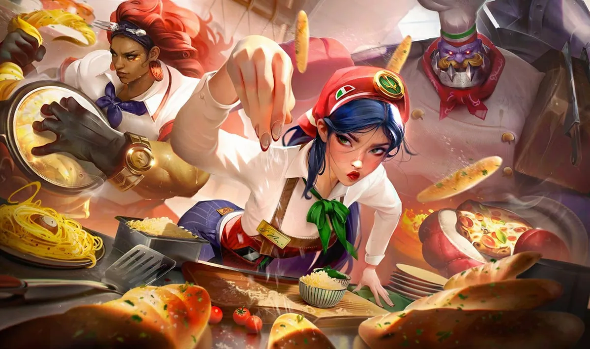 Breadsticks Irelia serving in a crowded kitchen as loaves fly around her