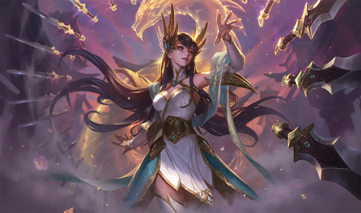 Divine Sword Irelia raising one hand as black and gold blades circle her