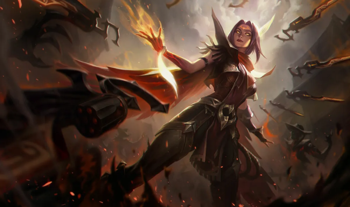 High Noon Irelia standing in black armor as burning blades and gun barrels surround her