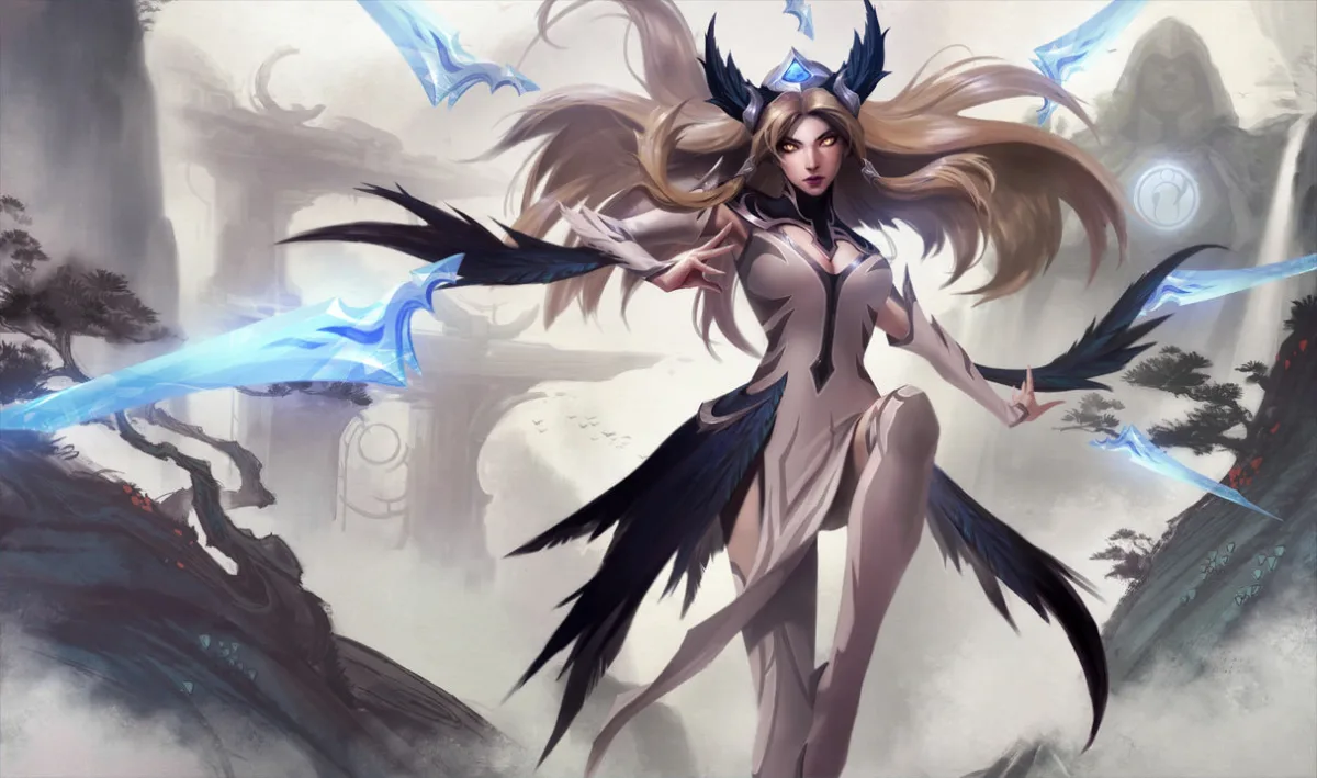 iG Irelia standing in white and black beneath translucent blue blades
