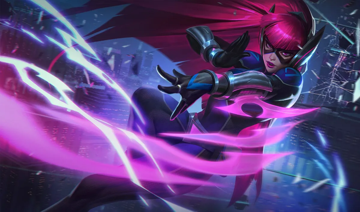 Infiltrator Irelia cutting through a neon city in black armor with magenta hair