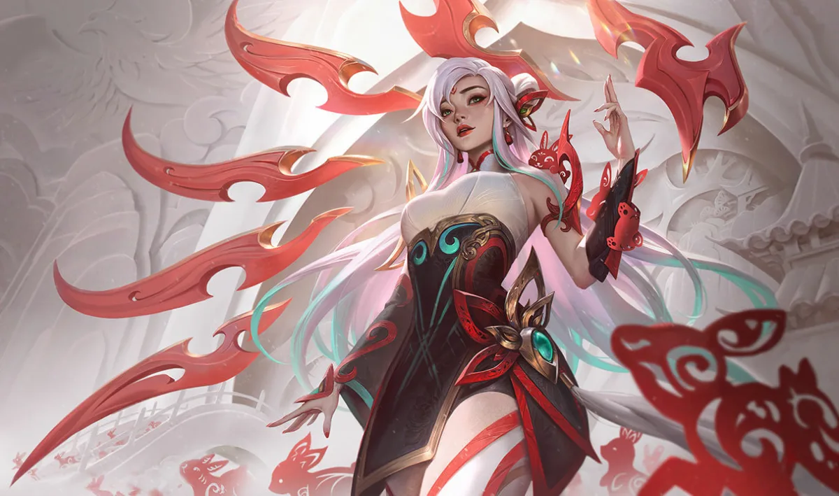 Mythmaker Irelia standing among red paper creatures with curved red blades around her