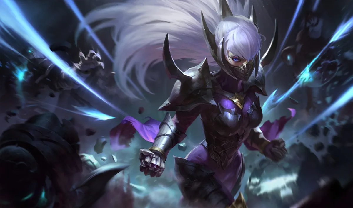 Nightblade Irelia charging through smoke in dark armor with blue blades behind her