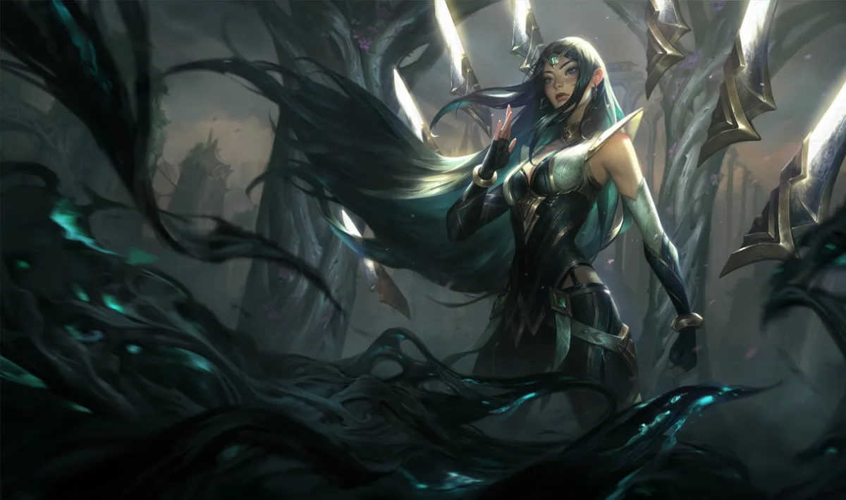 Sentinel Irelia standing beneath luminous blades while black mist closes around her