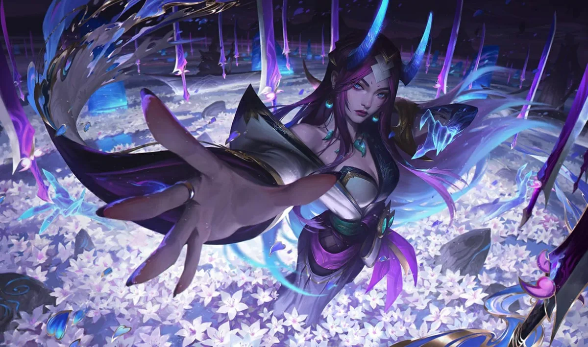 Spirit Blossom Irelia reaching through violet flowers with blue and purple blades overhead
