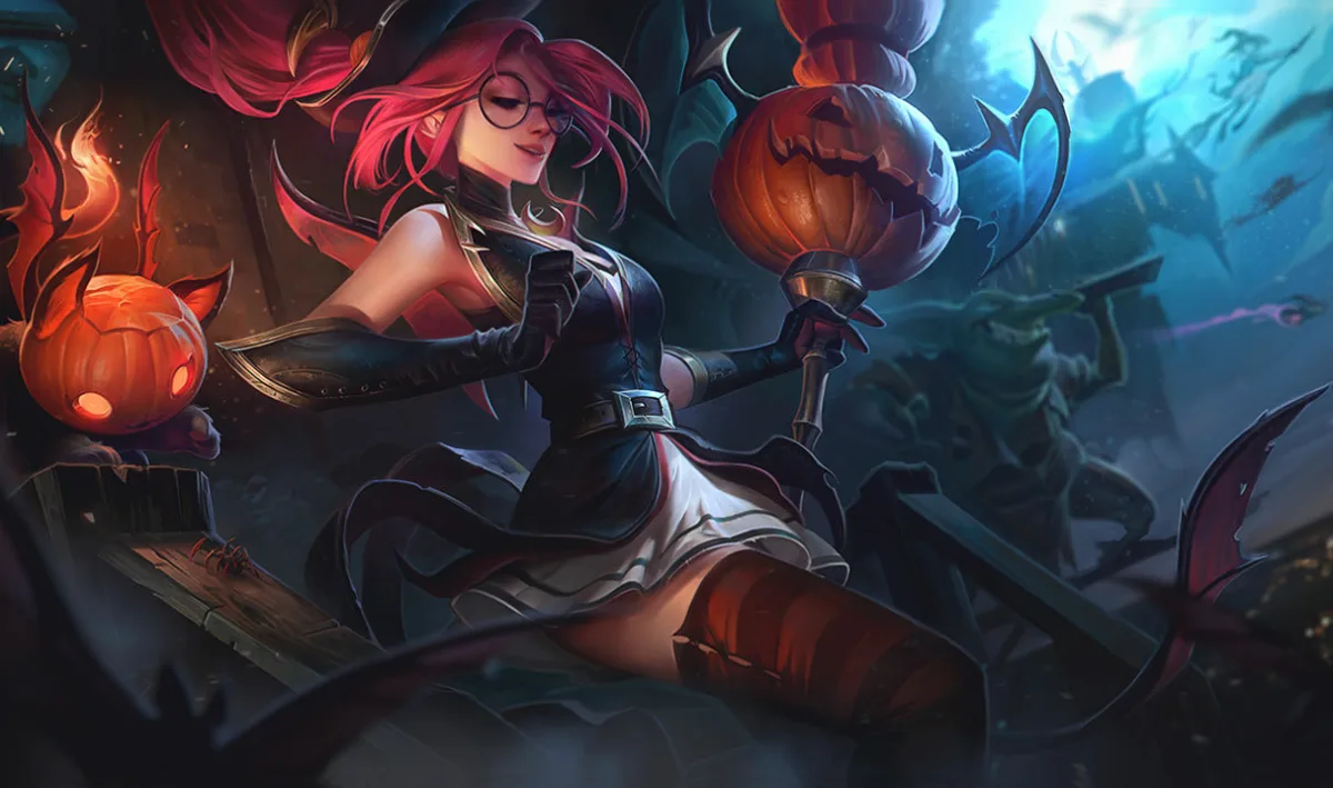 Bewitching Janna in a pointed black hat and glasses holding a pumpkin-topped staff beside a pumpkin cat under a full moon