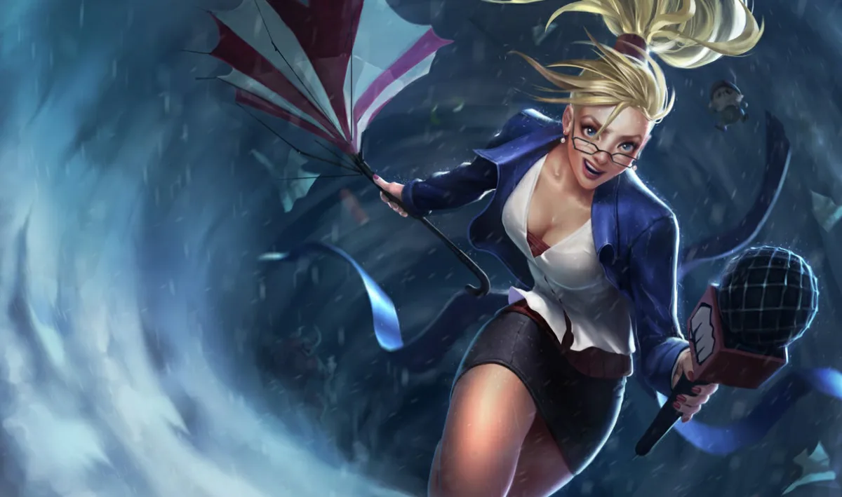 Forecast Janna wearing glasses and a blue blazer, holding a microphone and an upturned umbrella in a rainstorm
