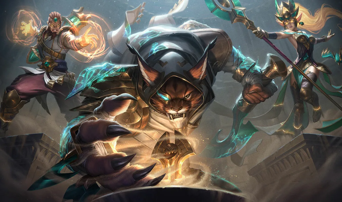 Guardian of the Sands Janna on the right in gold and black with a green staff, beside Rengar in front and Ryze on the left