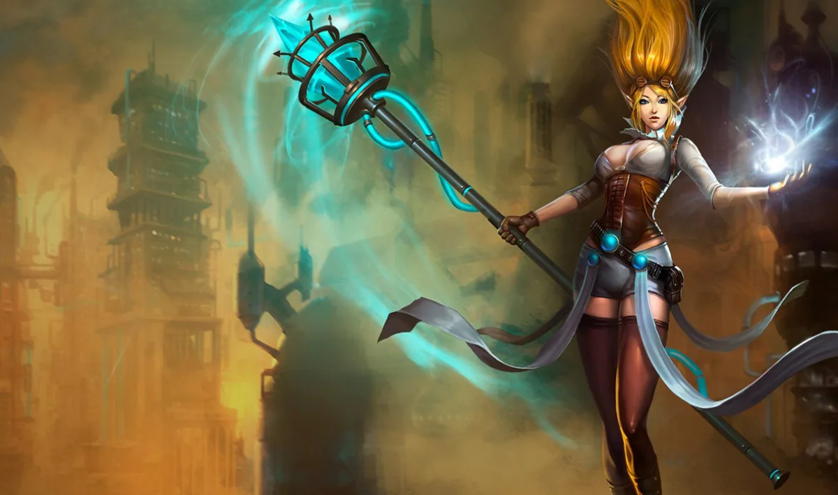Hextech Janna wearing goggles and a brown corset over a white blouse, holding a mechanical staff in an industrial city