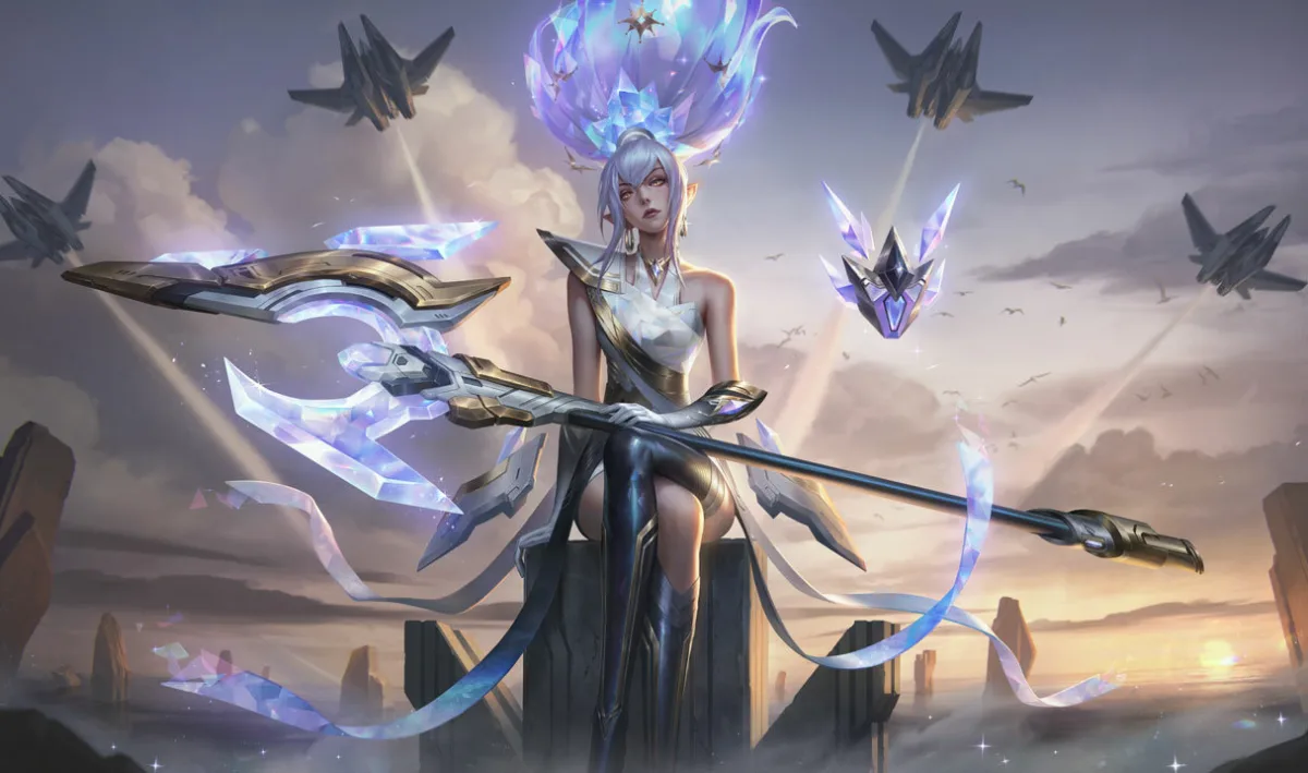 Prestige Cyber Halo Janna with silver hair and a black, white and gold outfit holding a crystalline staff above a city at sunset