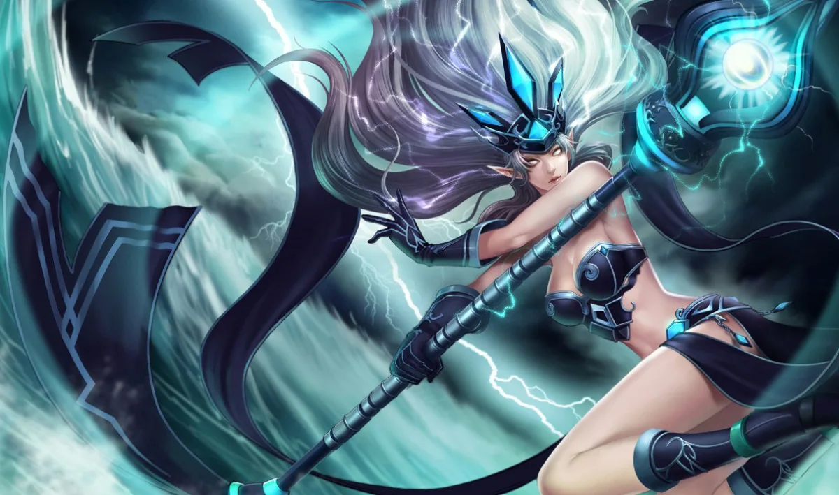 Tempest Janna in a dark crown and armor with long silver hair holding a black staff amid blue lightning