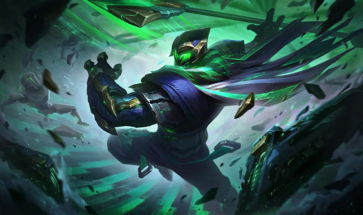 Conqueror Jax standing in green and gold armor before a tournament arena