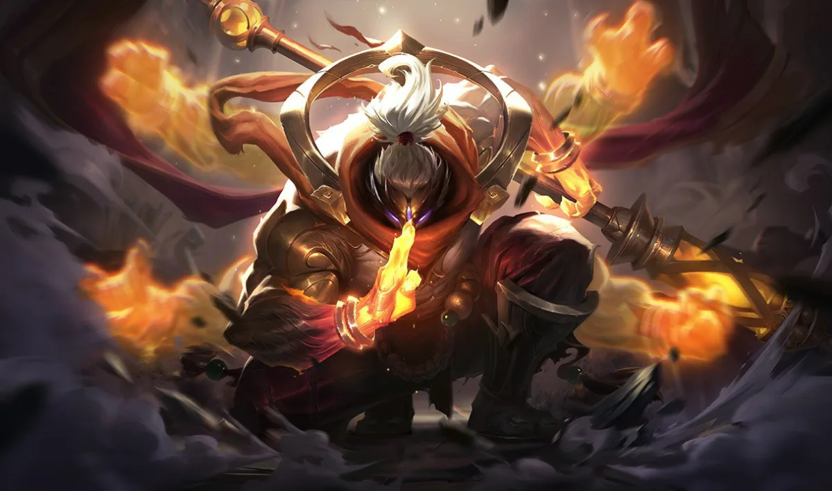 God Staff Jax wielding a glowing golden staff above a mountain temple
