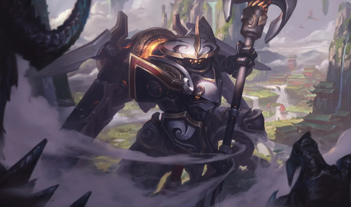 Mecha Kingdoms Jax towering over a mountain city in armored form