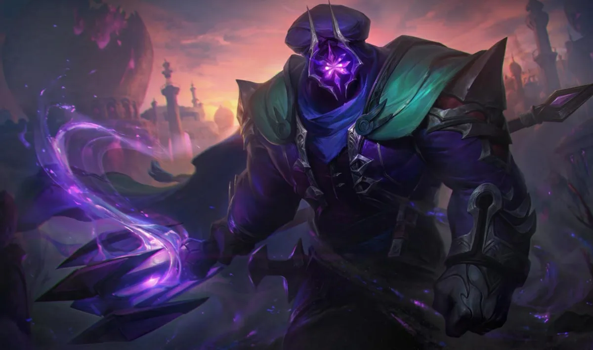 Nemesis Jax gripping a bladed green weapon inside a ruined hall