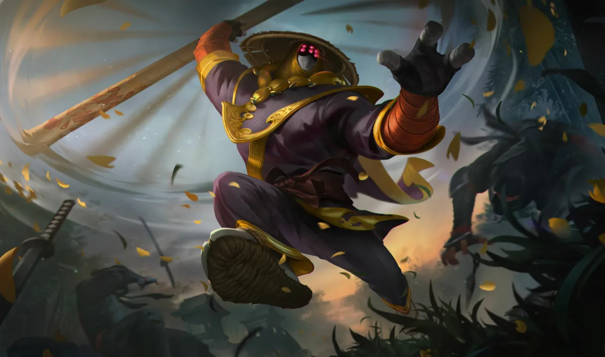 Neo PAX Jax leaping with a gold-trimmed staff through swirling leaves