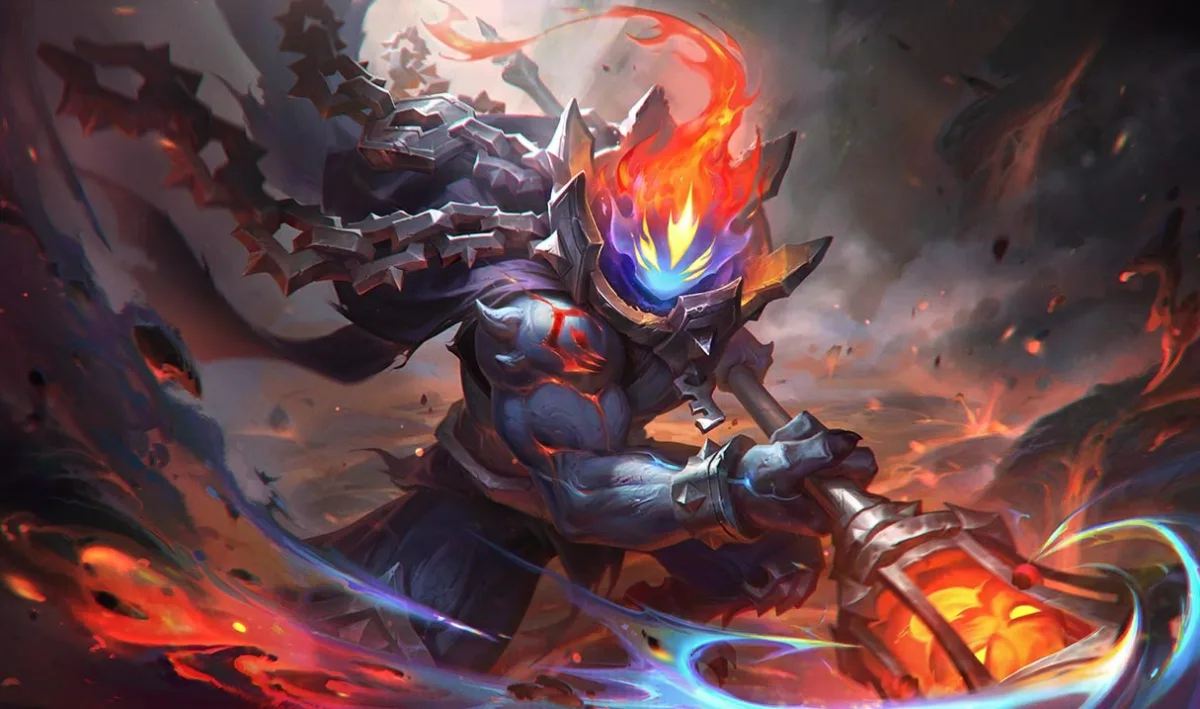 Prestige Magma Chamber Jax wielding a molten golden weapon in an arena