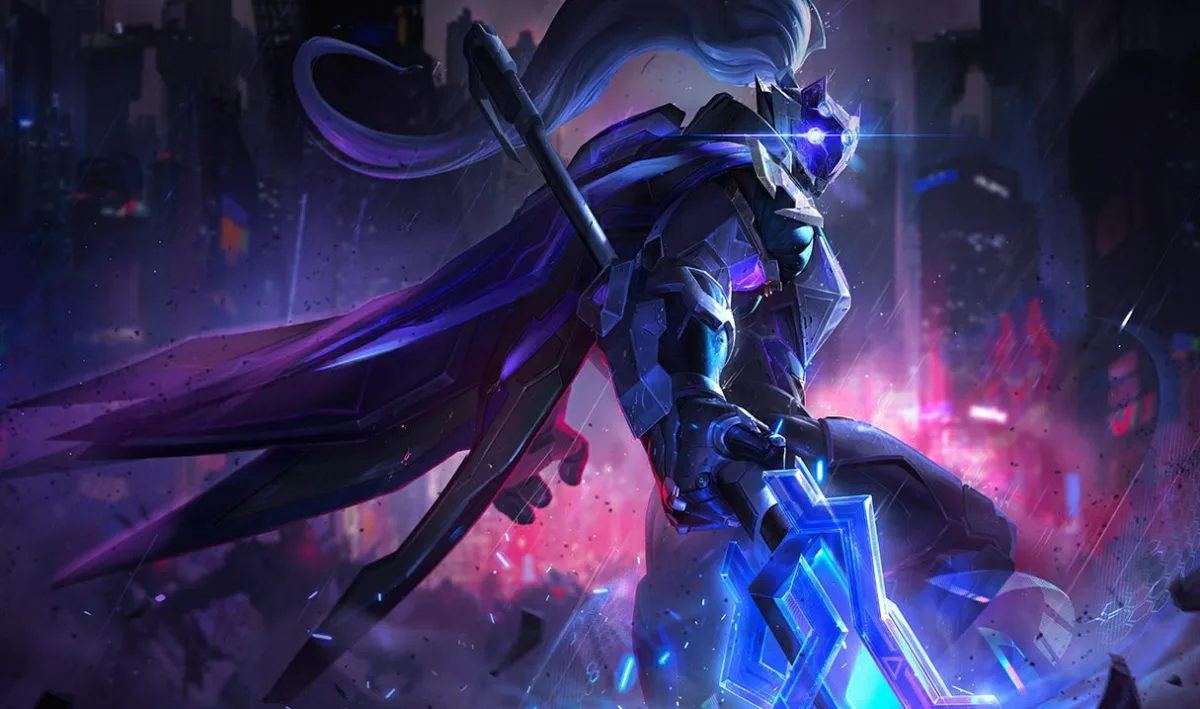PROJECT Jax charging forward with a blue energy weapon in a neon city